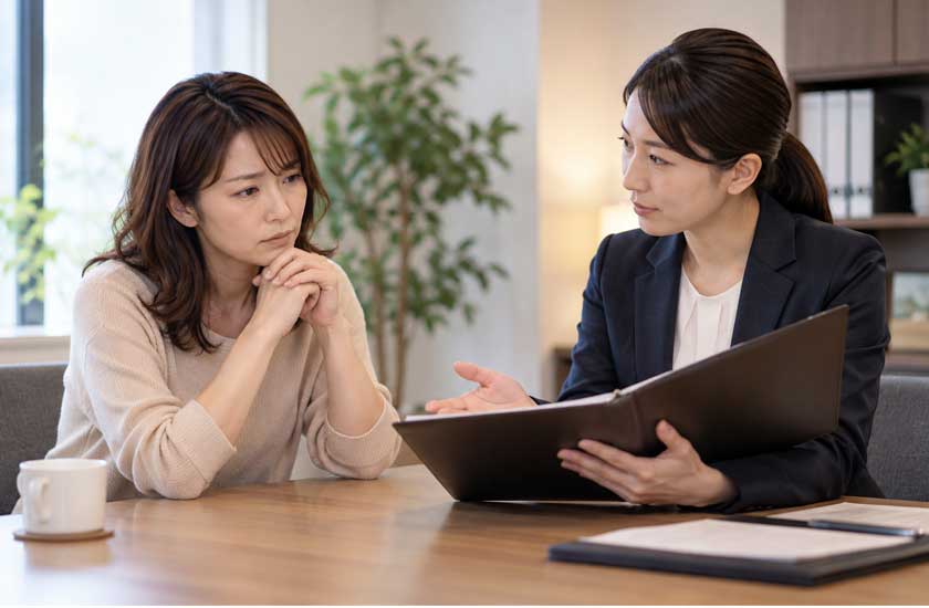 浮気問題の解決のために弁護士に相談する女性